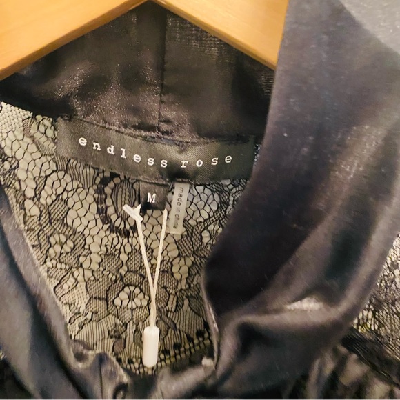 ENDLESS ROSE NWT Black Tie Neck Lace Sleeve Blouse - Picture 4 of 6